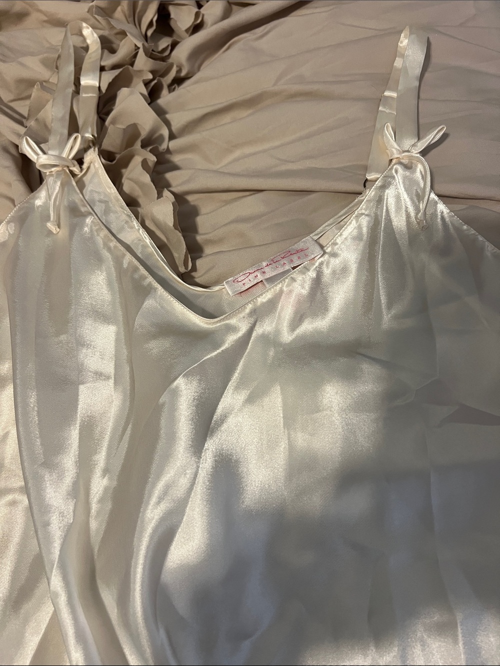 Oscar de la Renta Ivory Satin Slip Top Chemise with Tie Straps